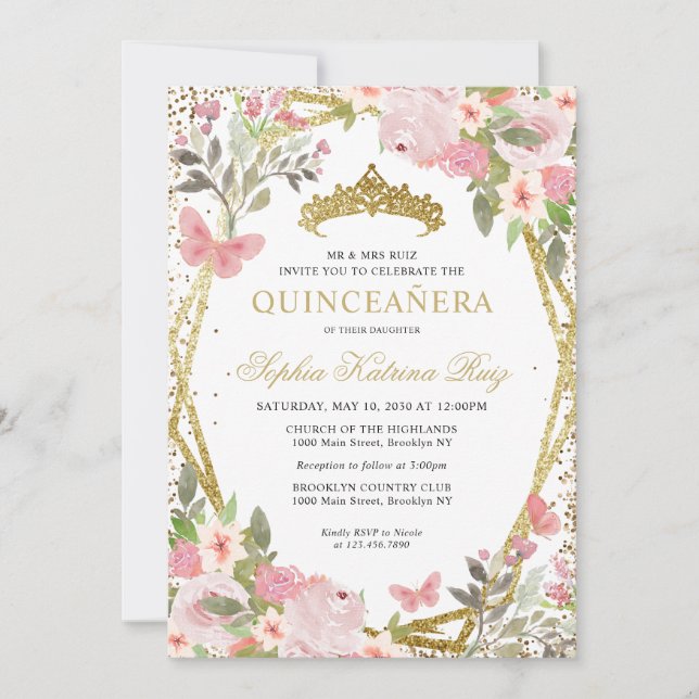 Modern Floral Blush Pink Gold Tiara Quinceañera Invitation (Front)