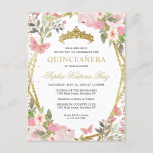 Modern Floral Blush Pink Gold Tiara Quinceañera Postcard