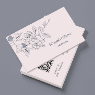 Modern Floral Blush Pink Magnolia   QR Code Business Card