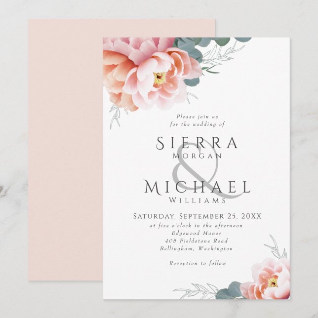 Modern Floral Blush Pink Peach Peony Wedding Invitation (Front/Back)