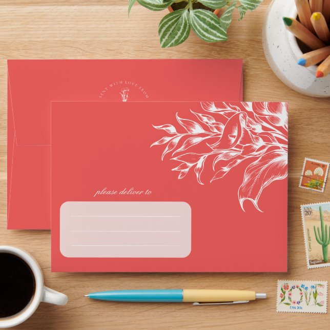 Modern Floral Boho Calla Lily Coral Wedding Envelope (Desk)