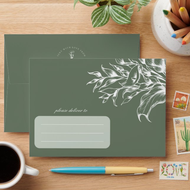 Modern Floral Boho Calla Lily Sage Green Wedding Envelope (Desk)