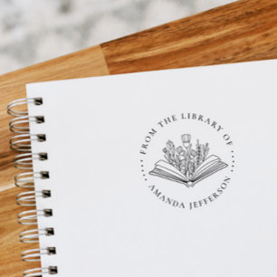 Modern Floral Book From The Library Of Custom Name Rubber Stamp