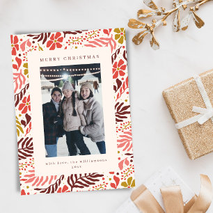 Modern Floral Border Warm Red Christmas Photo Holiday Card