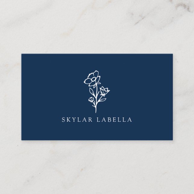 Modern Floral Botanic Line-art Logo Midnight Navy Business Card (Front)