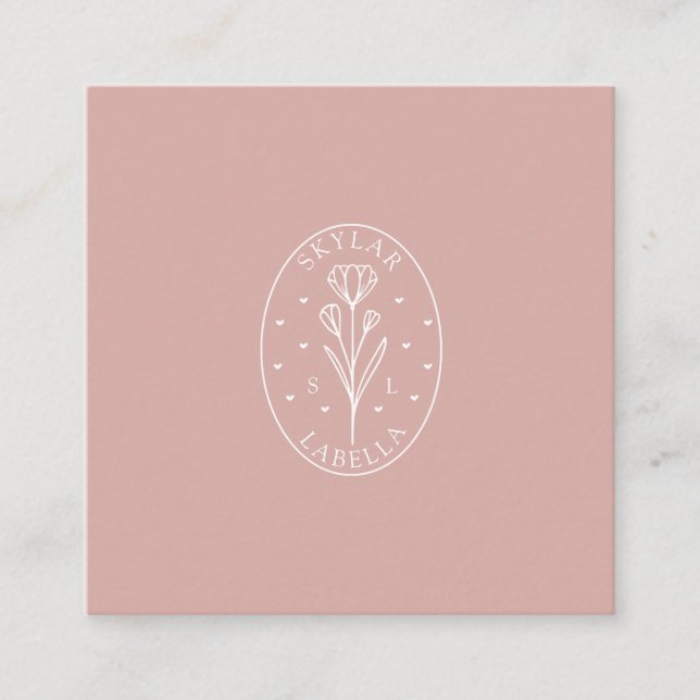 Modern Floral Botanic Line-Art Logo & Monogram Square Business Card (Front)