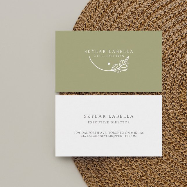 Modern Floral Botanic Line-art Logo Olive Green Business Card (Creator Uploaded)
