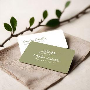 Modern Floral Botanic Line-art Logo Olive Green Business Card