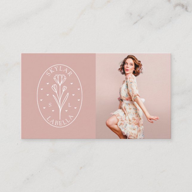Modern Floral Botanic Line-Art Logo & Photo Blush Business Card (Front)