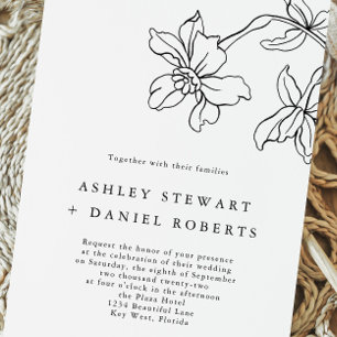 Modern Floral Botanical Black and White Wedding Invitation