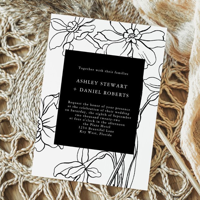 Modern Floral Botanical Black and White Wedding Invitation (Creator Uploaded)