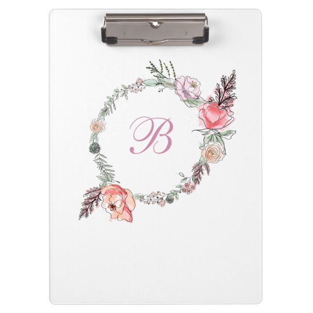 Modern Floral Botanical Watercolor Wreath White Clipboard (Front)