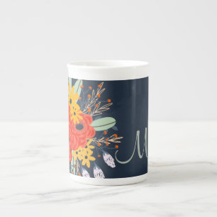 Modern Floral Bouquet Monogram Blue  Bone China Mug