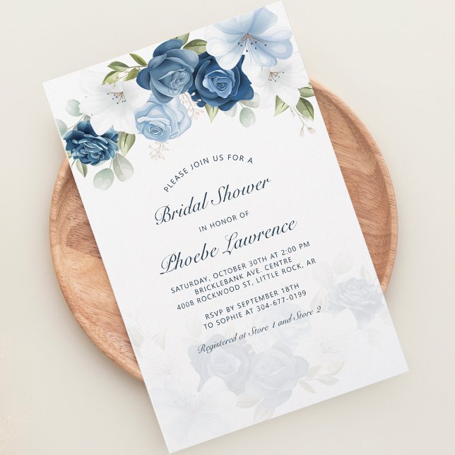 Modern Floral Bridal Shower Botanical Invitation Stationery (Elegant Dusty Blue Floral Bridal Shower Invitation Stationery)