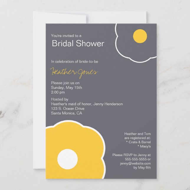 Modern Floral Bridal Shower Invitation Yellow/Grey (Front)