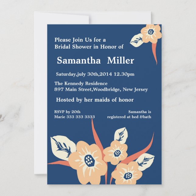 Modern Floral Bridal Shower invitations::Navy Blue Invitation (Front)
