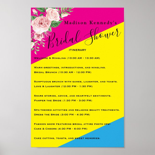 Modern Floral 💍 Bridal Shower Itinerary Poster (Front)