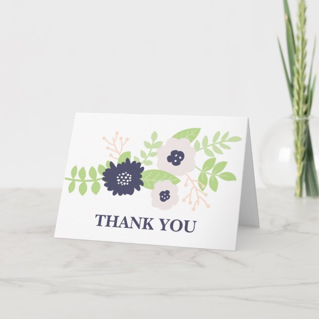 Modern Floral Bridal Shower (Navy Blue and Cream) Thank You Card (Front)