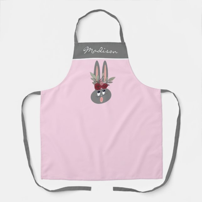 Modern Floral Bunny Pink Personalised Name Womens Apron (Front)