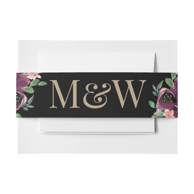 Modern Floral Burgundy Black Wedding Invitation Belly Band (Front Example)