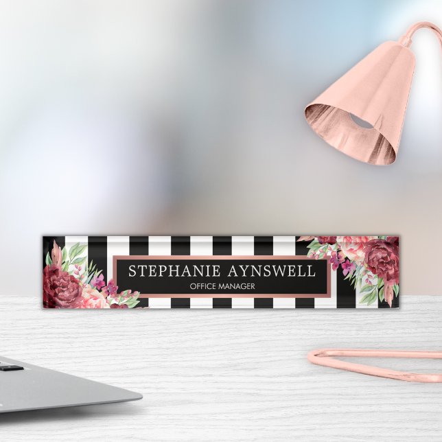 Modern Floral Burgundy Black White Stripes Nameplate (Creator Uploaded)