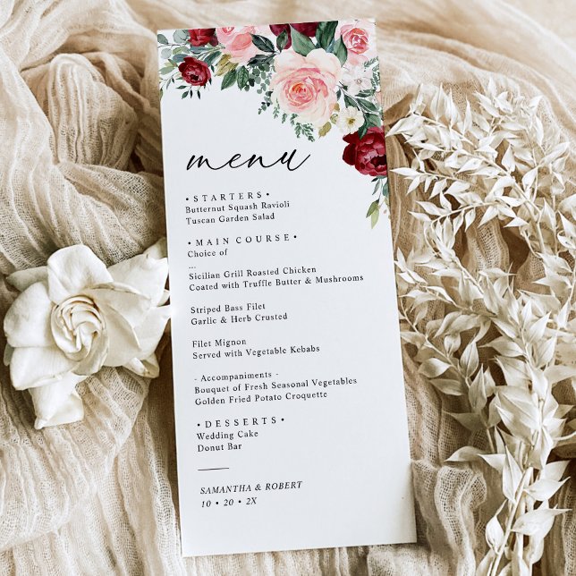 Modern Floral Burgundy Blush Greenery Wedding Menu (Creator Uploaded)