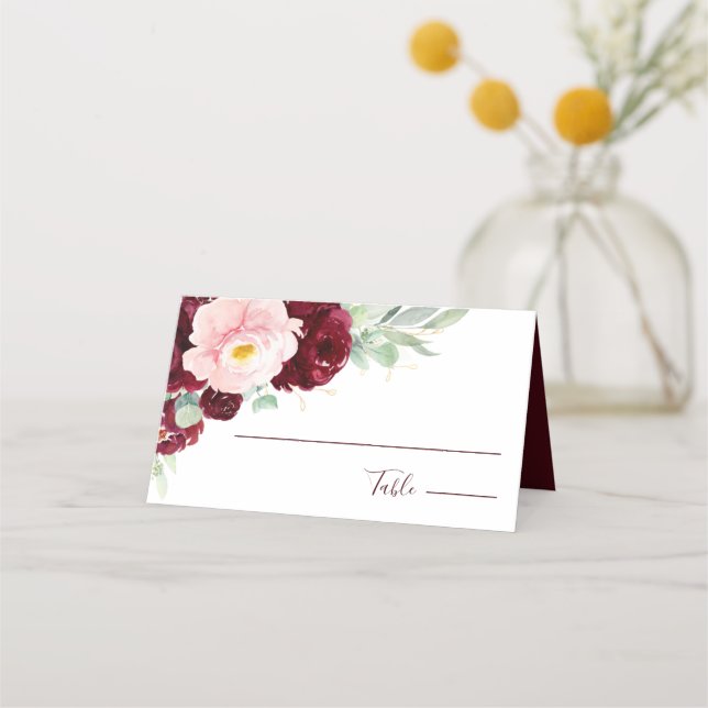 Modern Floral Burgundy Blush Wedding  Place Card (Front)