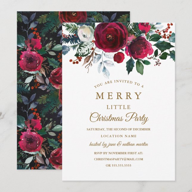 Modern Floral Burgundy Christmas Party Invitation (Front/Back)