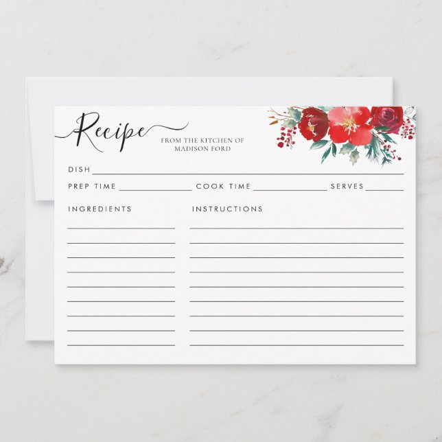 Modern Floral Burgundy Holly Christmas Recipe Card (Front)
