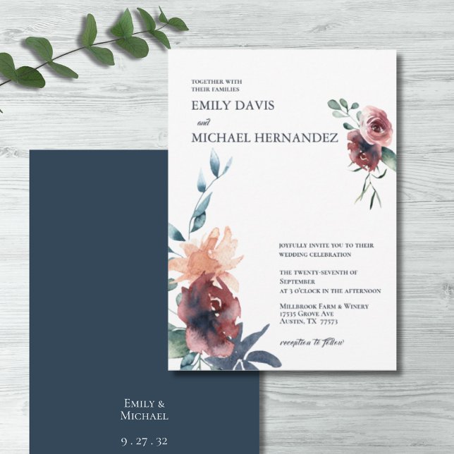 Modern Floral Burgundy Navy Blush Peach Wedding Invitation (Creator Uploaded)