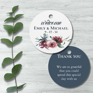 Modern Floral Burgundy Navy Peach Blush Circle Favour Tags