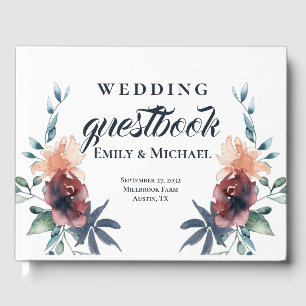 Modern Floral Burgundy Navy Peach Blush Guest Book