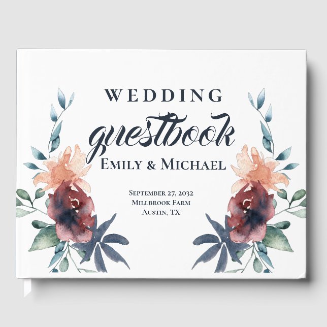 Modern Floral Burgundy Navy Peach Blush Guest Book (Front)