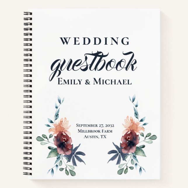 Modern Floral Burgundy Navy Peach Blush Guest Book (Front)
