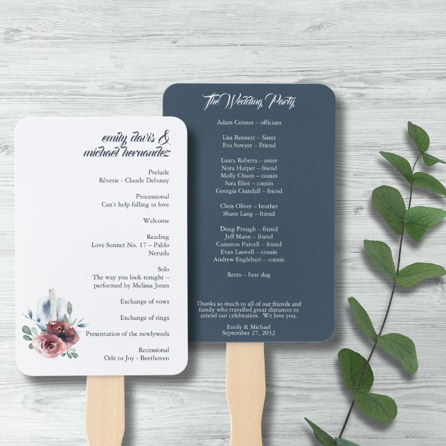 Modern Floral Burgundy Navy Peach Blush Program Hand Fan (Creator Uploaded)