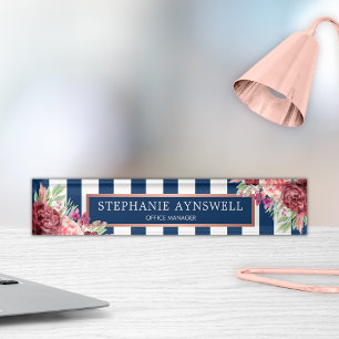 Modern Floral Burgundy Navy Stripes Watercolor Nameplate