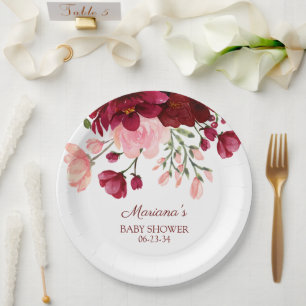 Modern Floral Burgundy Pink Girl Baby Shower Paper Plate