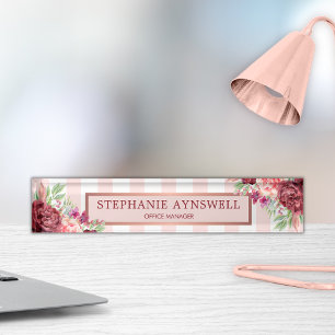 Modern Floral Burgundy Pink Stripes Watercolor Nameplate