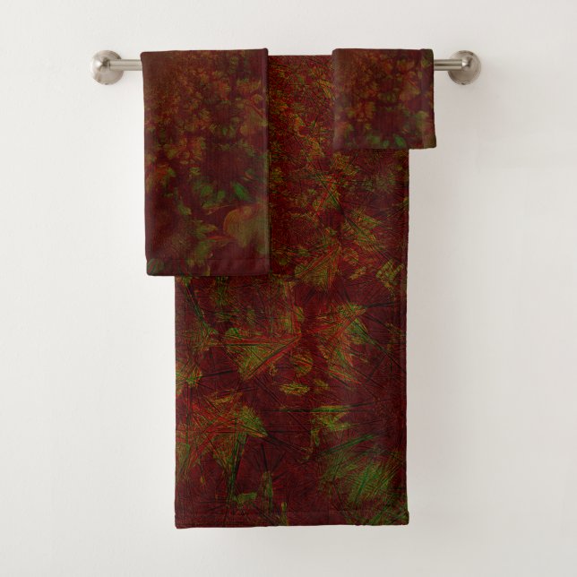 Modern Floral Burgundy Red Green Elegant Bath Towel Set (Insitu)