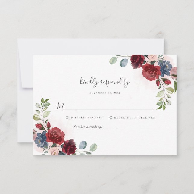 Modern Floral Burgundy Rustic Script Wedding RSVP Card (Front)