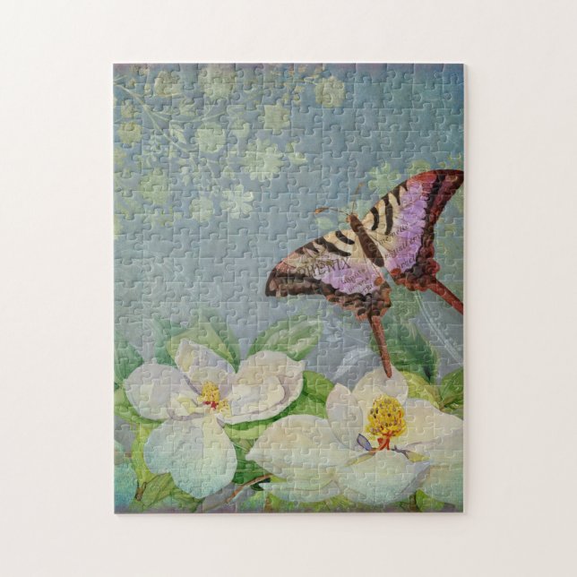 Modern Floral Butterfly w Magnolia Flower Blossom Jigsaw Puzzle (Vertical)