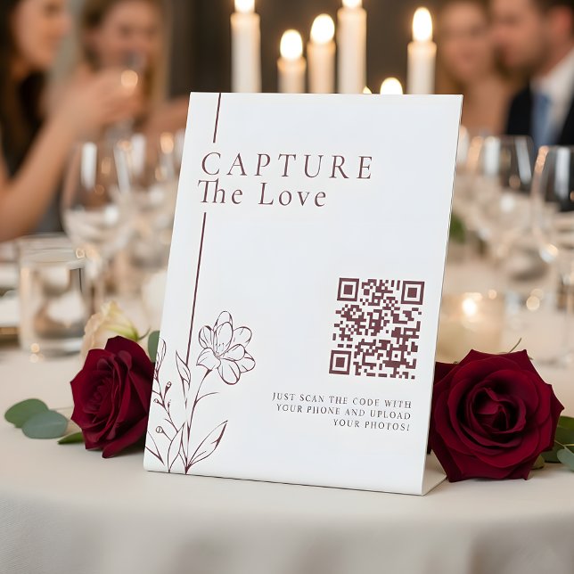 Modern Floral Capture The Love Photo Share QR Code Pedestal Sign (Creator Uploaded)