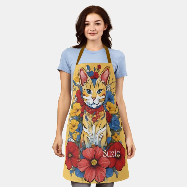 Modern Floral Cat Apron, Cute Cat Design Pattern Apron (Worn)