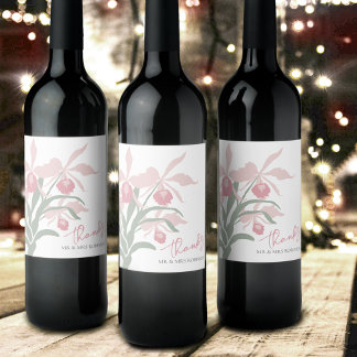 Modern floral Cattleya orchid dusty pink wedding Wine Label