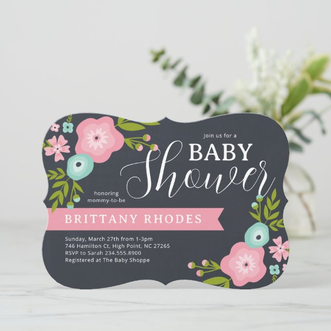 Modern Floral Chalkboard Baby Shower Invitation (Standing Front)