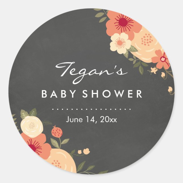Modern Floral Chalkboard Baby Shower Stickers (Front)