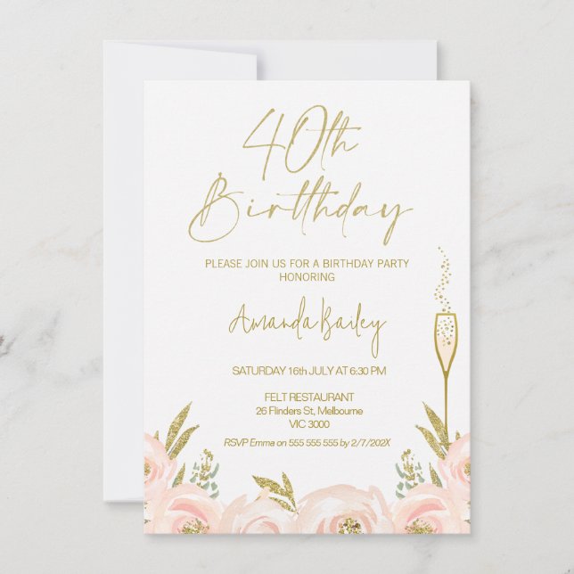 Modern Floral Champagne Glass 40th Birthday Invitation (Front)