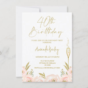 Modern Floral Champagne Glass 40th Birthday Invitation