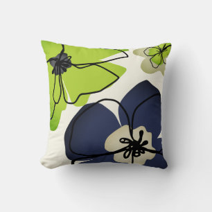 Modern Floral Chartreuse Navy Cream Flower Ivory Cushion