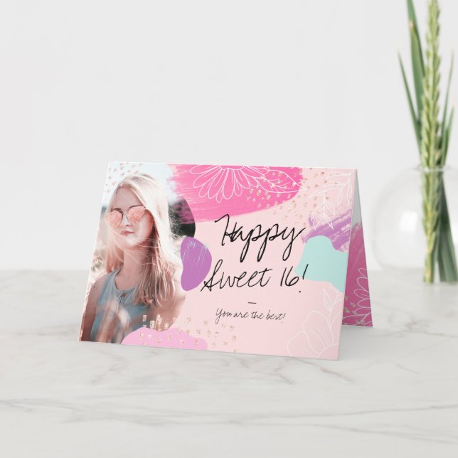 Modern floral chic happy birthday photo sweet 16 card (Front)